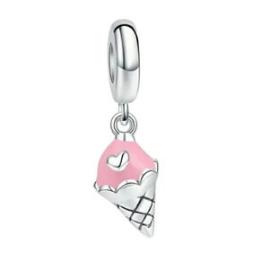 Kawaii Ice Cream Cone Dangle Charm for Bracelet Pink Sterling Silver 925 Novelty